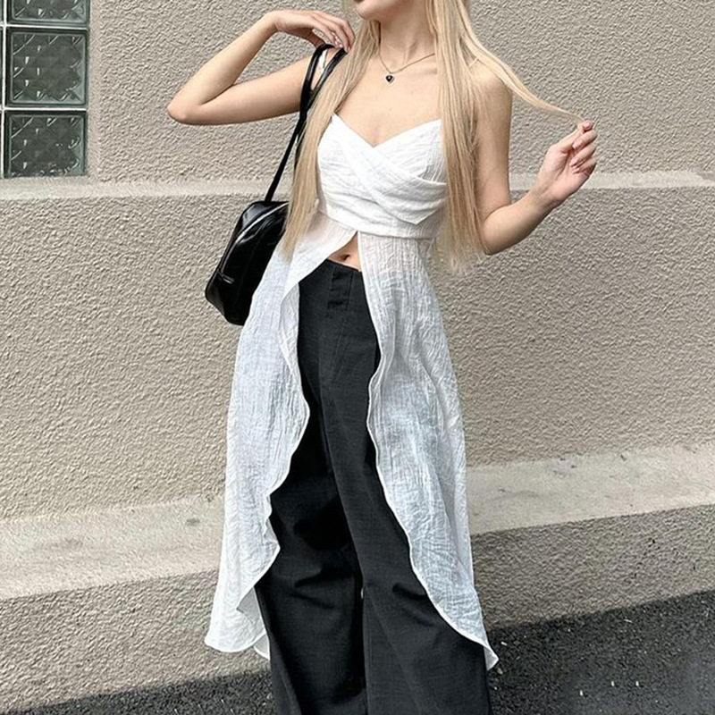 V-neck split long drawstring top with waistband