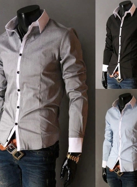 外贸速卖通ebay春秋款男士休闲撞色领长袖衬衫 潮男韩版拼色衬衣