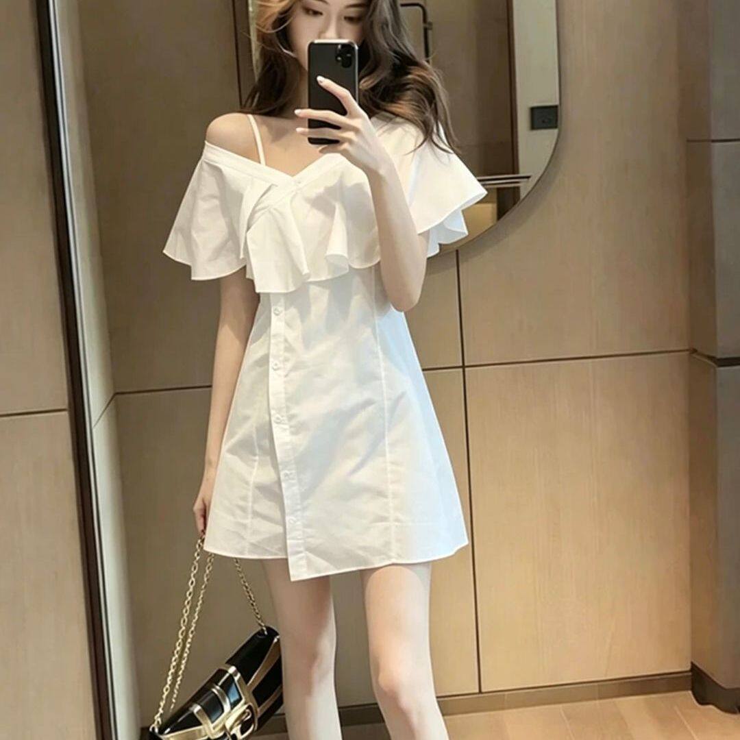 法式一字肩衬衫连衣裙女