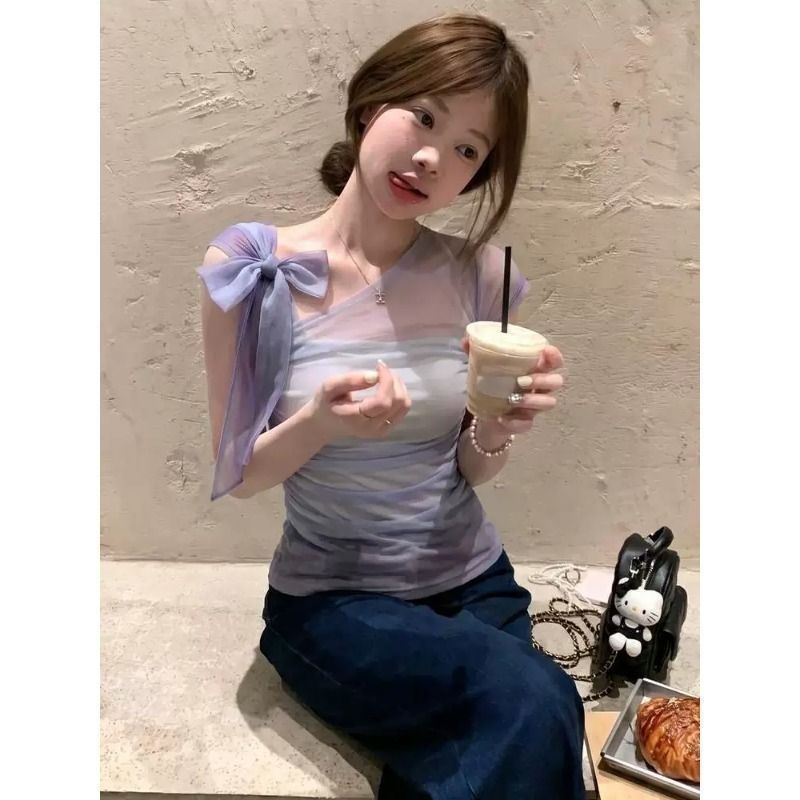 爆款甜美风紫色晕染斜肩