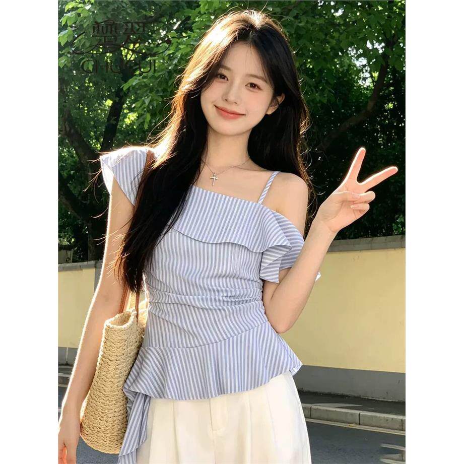 斜肩条纹短袖衬衫女士夏