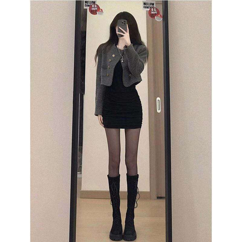 简遇luck品质女装黑色长袖连衣裙子女春秋季新款纯欲风德绒性感修