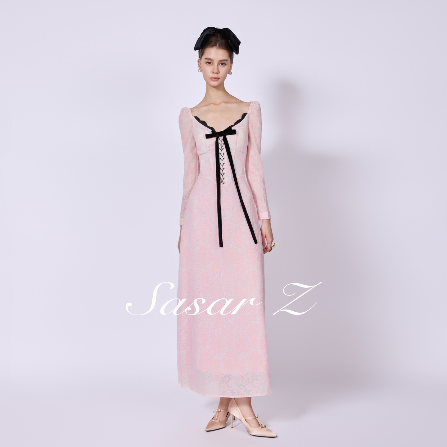 SasarZ蕾丝提花鱼骨抽绳连衣裙（预售15天）