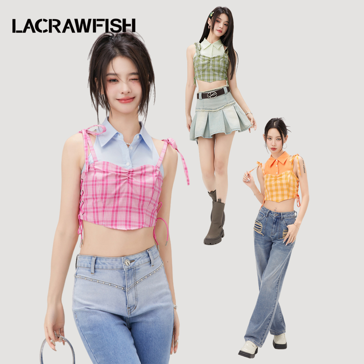 LACRAWFISH格纹拼接短衬衫