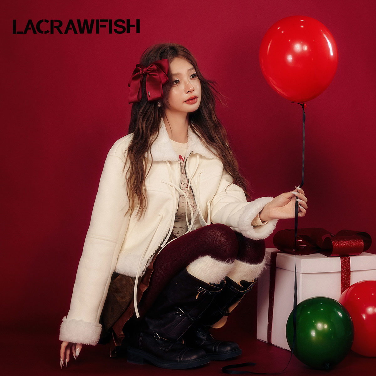 LA CRAWFISH2024冬季新款复古机车风系带pu皮加厚仿羊羔毛外套女