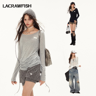 LA CRAWFISH春季新款U领轻薄针织纯欲辣妹修身罩衫上衣长袖T恤女