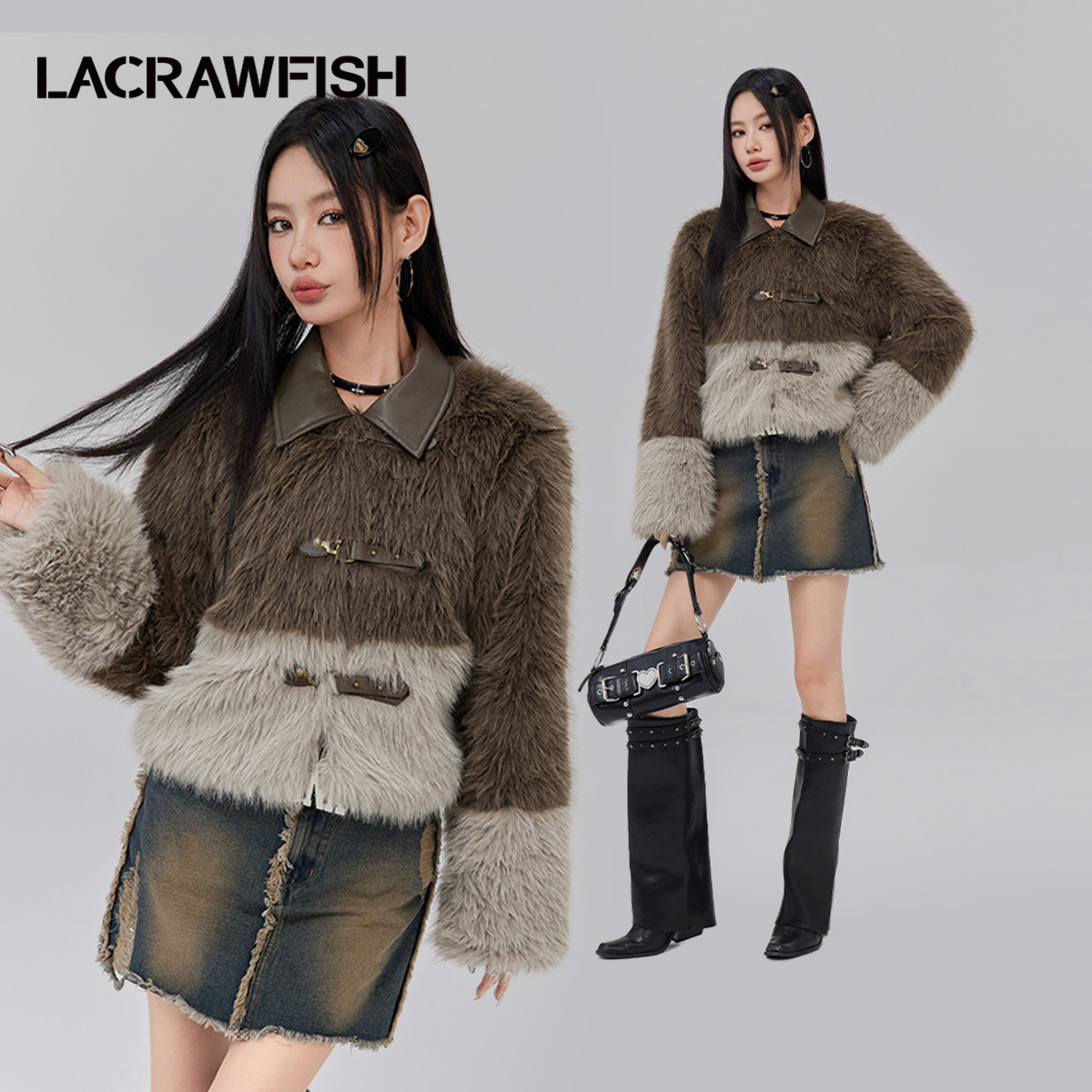 LACRAWFISH毛绒撞色环保皮草