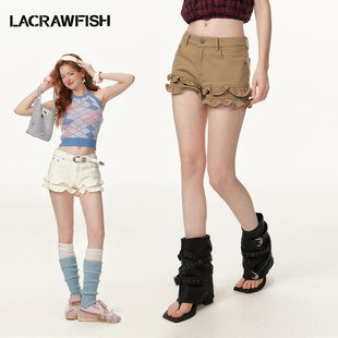 牛仔短裤 甜美学院风双层波浪卷花边修身 CRAWFISH2025夏季 新款