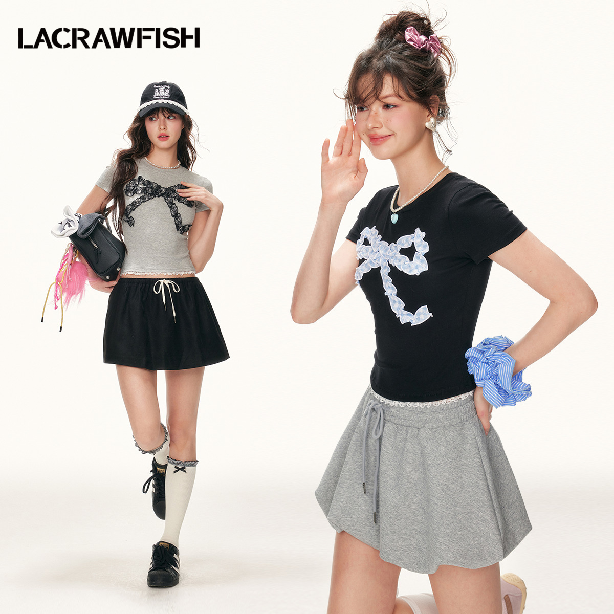 LA CRAWFISH夏季新款甜酷蝴蝶结短款蕾丝花边修身短袖T恤女