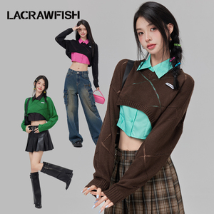 LA CRAWFISH韩系马海毛菱形镂空针织衫辣妹截短露腰毛衣女冬季