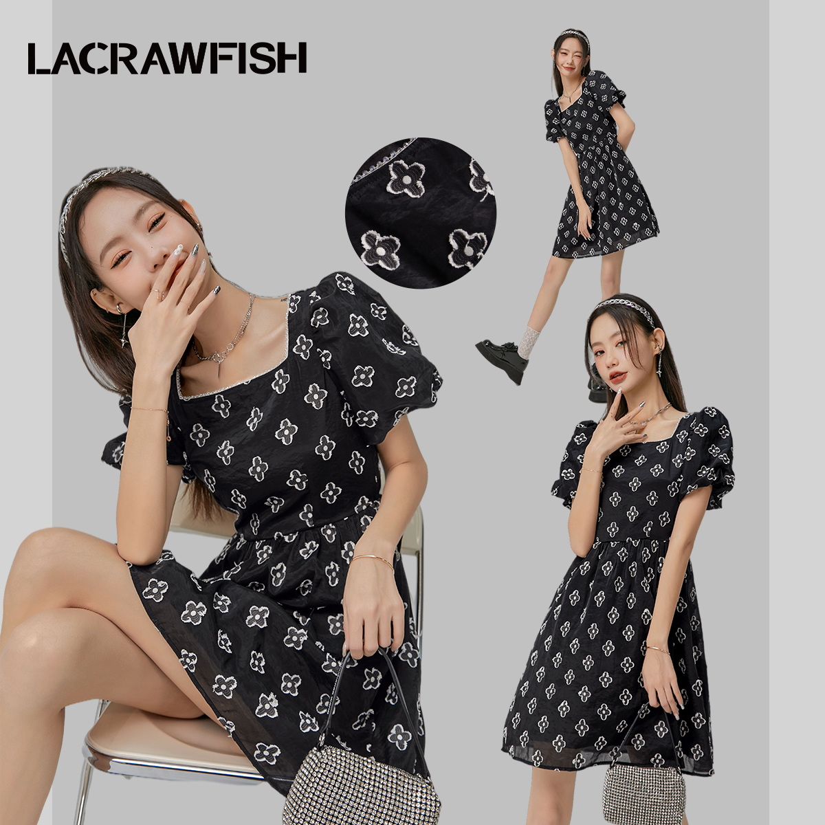 LACRAWFISH复古方领浪漫连衣裙