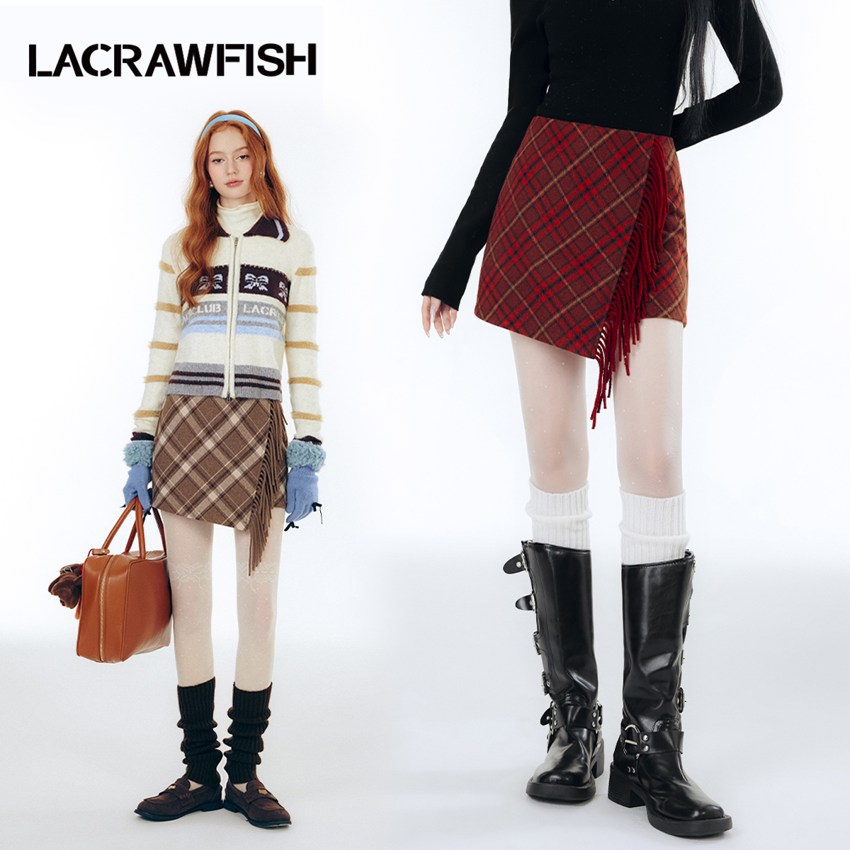 LA CRAWFISH2024冬季新款复古百搭不规则下摆流苏格纹毛呢短裙女