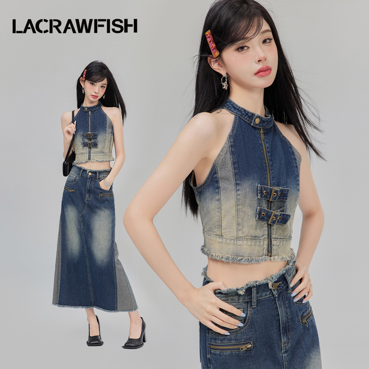 宇宙少女同款LA CRAWFISH辣妹紧身牛仔背心渐变色拉链挂脖短上衣