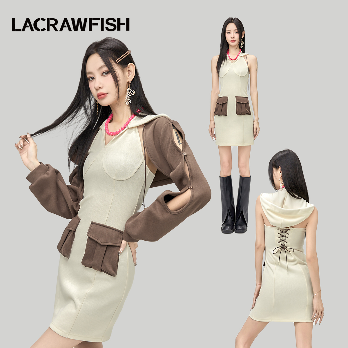 LACRAWFISH韩系辣妹披肩撞色连帽后腰绑带连衣裙罩衫两件套装女 女装/女士精品 时尚套装 原图主图