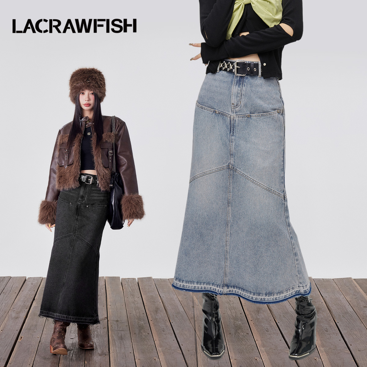 LACRAWFISH辣妹星星撞钉腰带毛边鱼尾牛仔半身裙