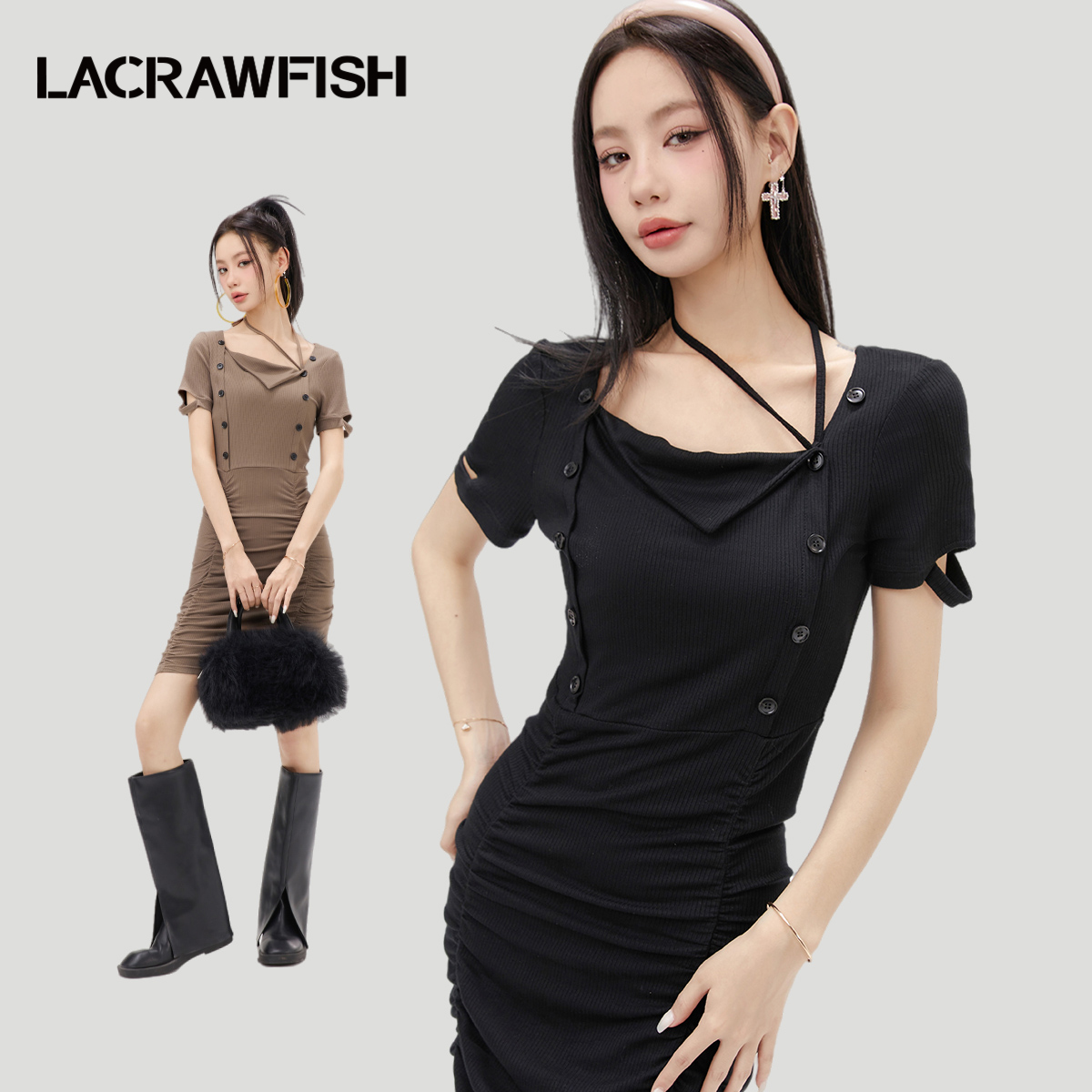 LACRAWFISH方领抽褶针织连衣裙