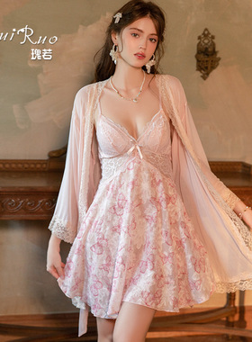 瑰若甜美毛絮蝴蝶印花加胸垫蕾丝拼接吊带睡裙外袍家居套装A6528