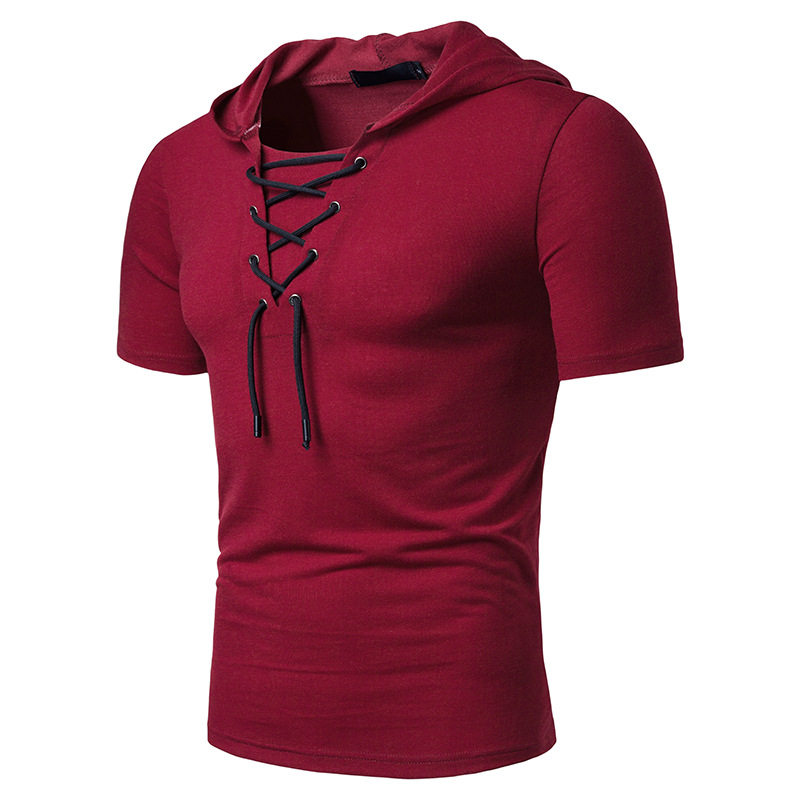 新款男士连帽欧码宽松鞋带短袖潮流修身T恤 men hip hop t shirts