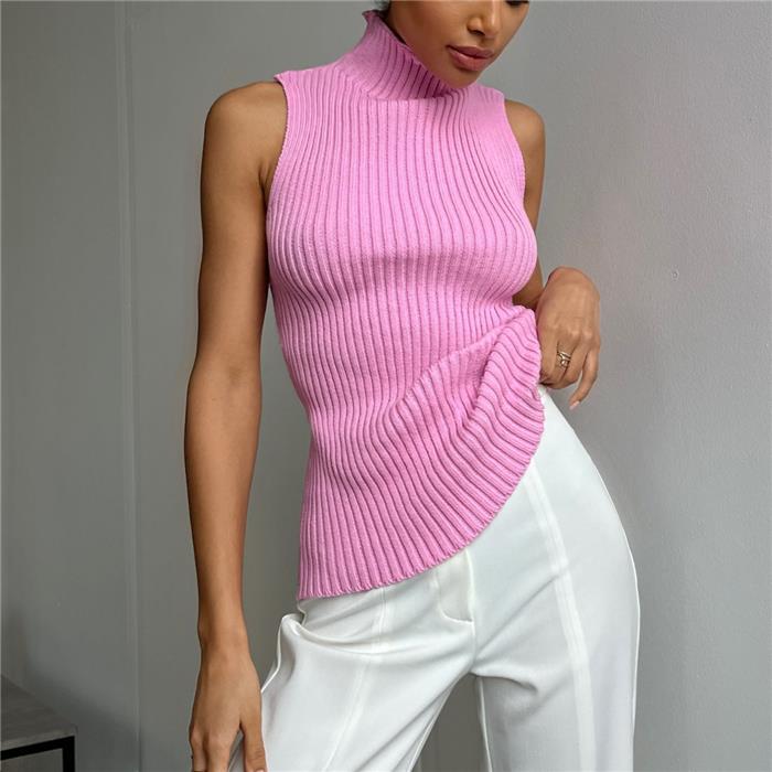 欧美外贸修身高领无袖毛衣针织背心上衣女 Knit Tank Top Sweater
