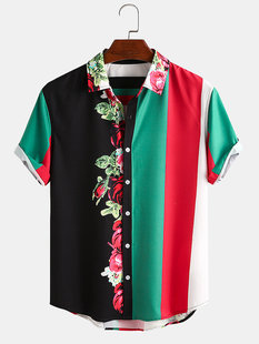 Hawaiian mens casual shirt with flowers and colorful stripes