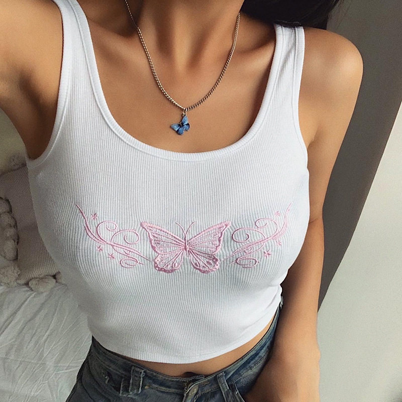 2021Embroidered slim fit vest蝴蝶刺绣修身露脐内搭小背心女装