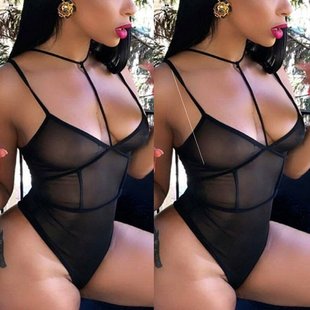 Black mesh perspective bodysuit, sexy lingerie, sexy pajamas