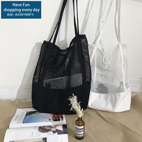 summer new korean grid tote shopping bag mesh openwork b