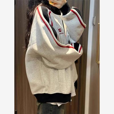 美式高街拼色连帽卫衣女2025新款秋冬加绒潮牌设计感小众情侣外套
