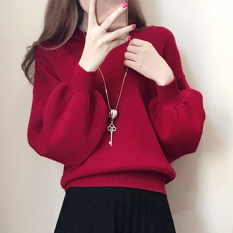 酒红色针织衫女式秋冬新款圆领套头衫灯笼袖针织衫宽松慵懒风格加