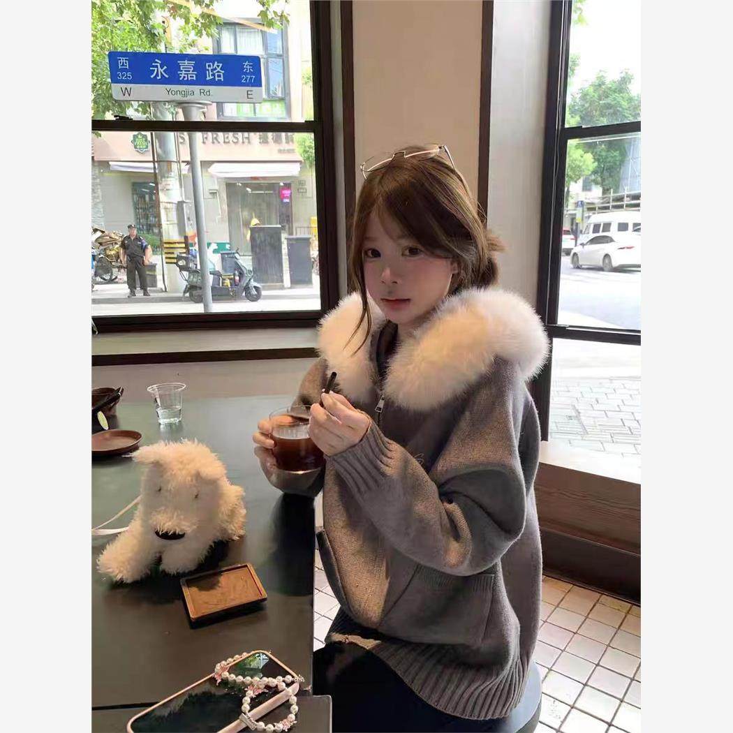 慵懒风韩系连帽灰色毛领外套针织开衫女时尚秋冬季宽松外搭上衣