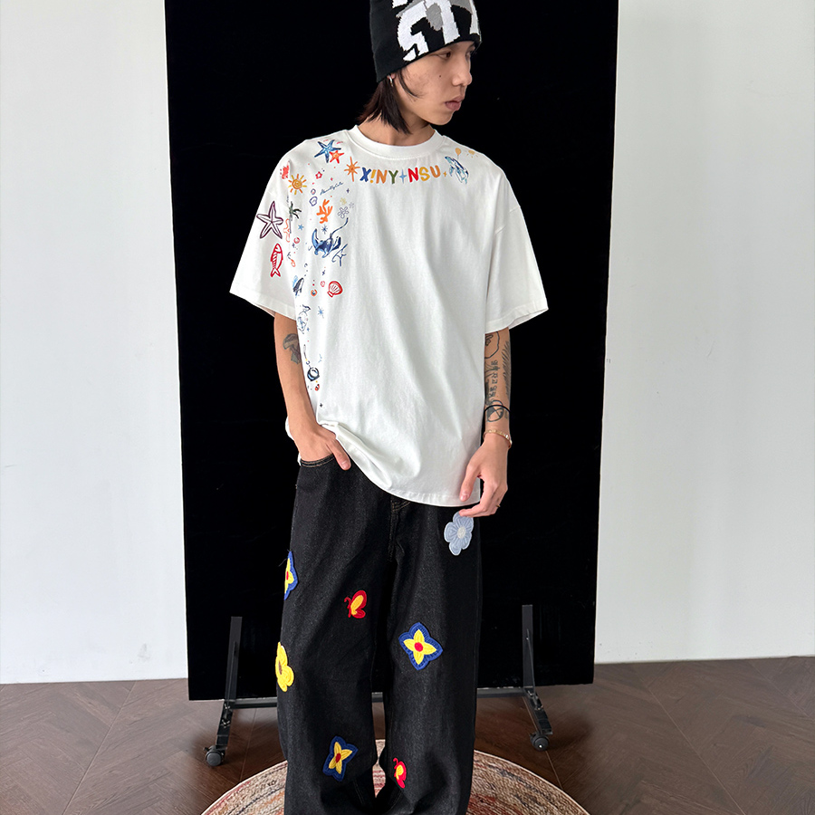 新因素花卉刺绣原色牛仔裤百搭潮