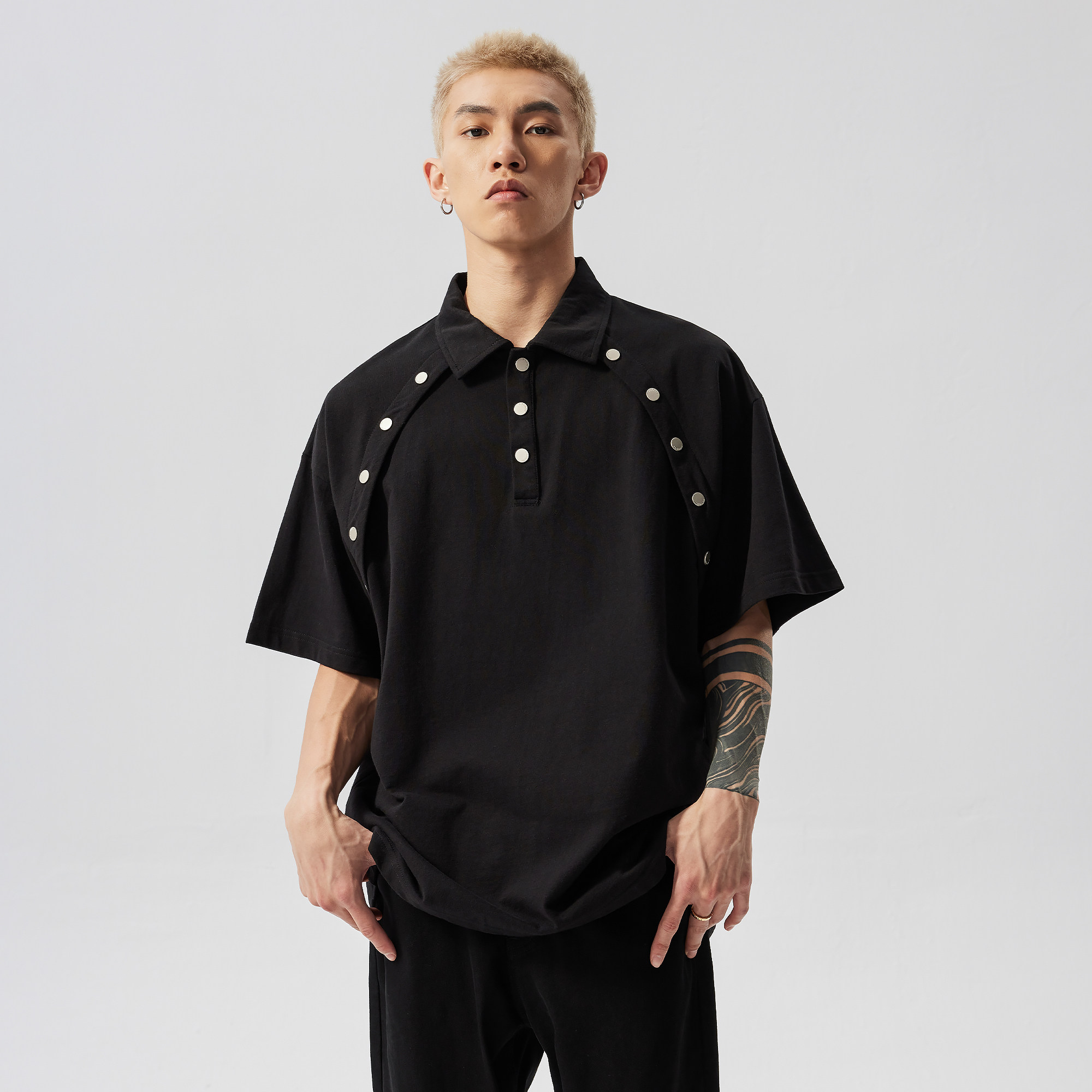 新因素潮流衬衫宽松休闲翻领POLO衫男女小众设计T恤百搭黑色短袖