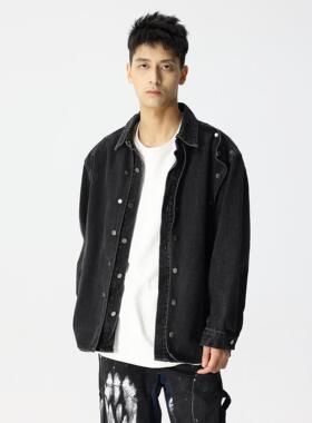 新因素XINYINSU复古黑色牛仔外套X7151水洗做旧宽松休闲美式夹克