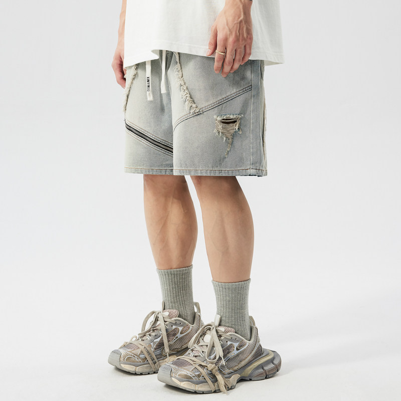 新因素夏季美式高街拉链设计五分裤潮水洗做旧宽松休闲牛仔短裤男