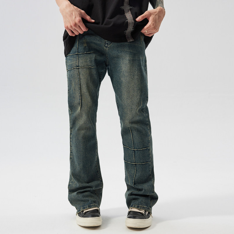新因素国潮牌线条复古做旧微喇牛仔裤男美式高街宽松深蓝水洗裤子