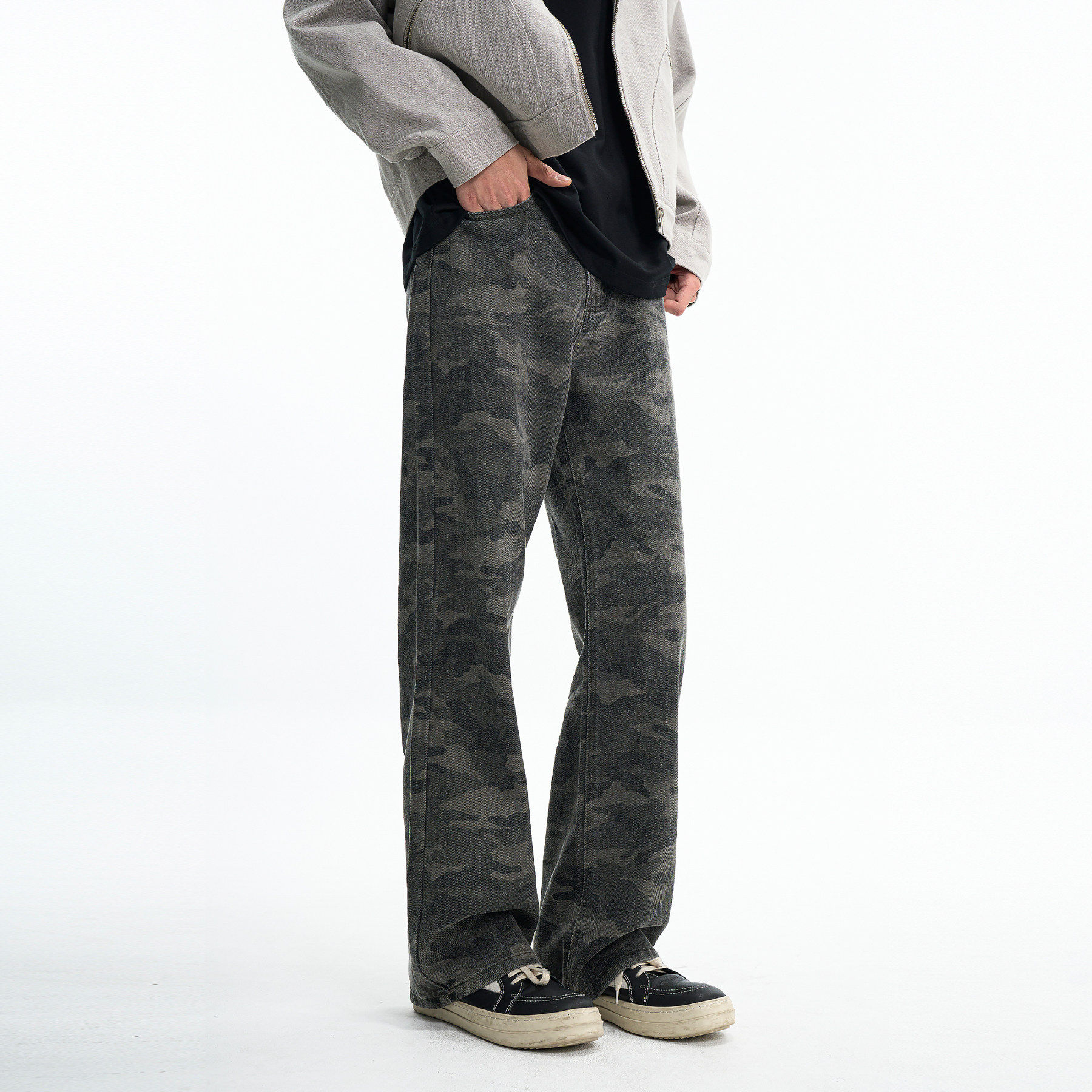 新因素美式复古基础迷彩牛仔裤男款高街工装宽松休闲直筒长裤子女