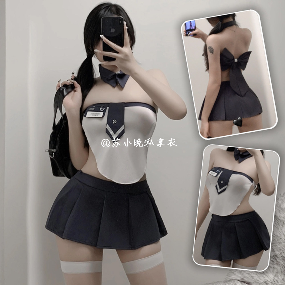 苏小晚 性感学院风学生超短裙抹胸制服蝴蝶结JK套装角色扮演学姐图片