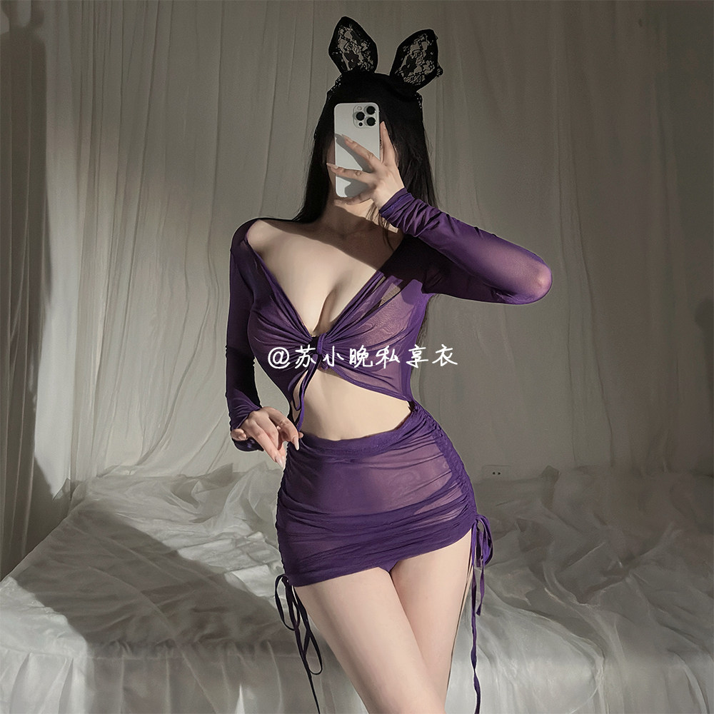 苏小晚 紫色魅惑透视包臀裙连衣裙性感火辣诱惑湿身睡衣内衣套装