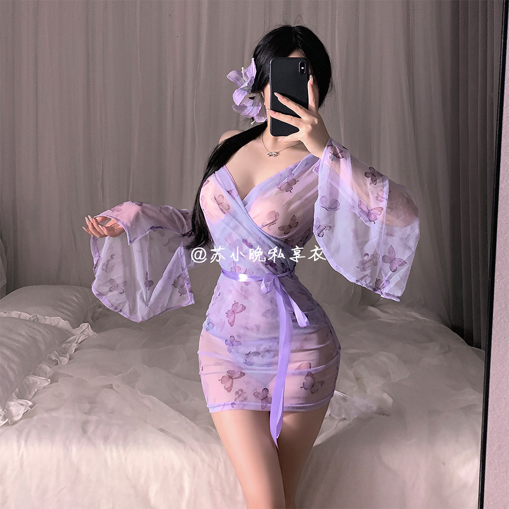 苏小晚 娇哼喘息~性感透视蝴蝶睡袍紫色诱惑睡衣裙纯欲私房衣qqny