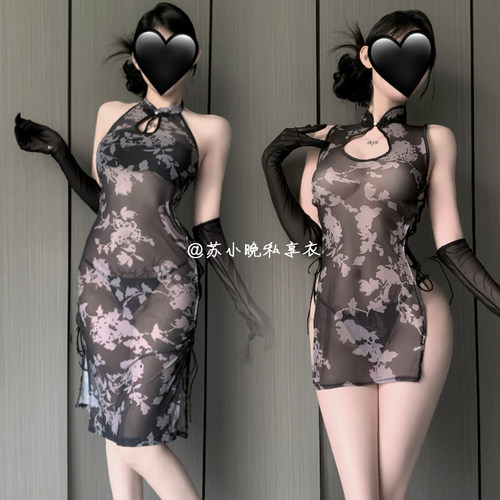 苏小晚 梨花压海棠~新中式改良性感绑带旗袍透视高开叉睡裙内衣女