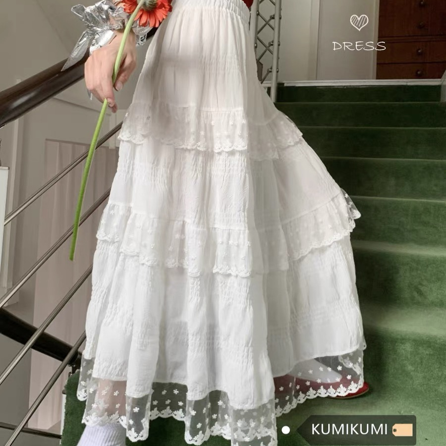 設計感白色蕾絲花邊半身裙女夏季2025新款大擺裙A字法式蛋糕裙
