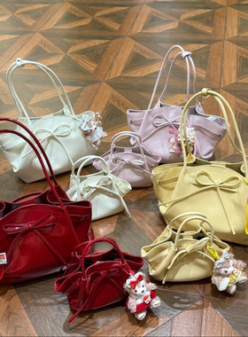 韩国复古红色蝴蝶结托特包包女2025夏新款菜篮子手提包单肩斜挎包