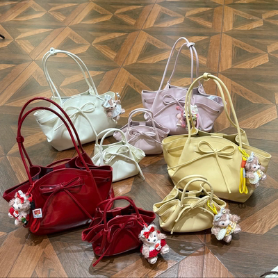 韩国复古红色蝴蝶结托特包包女