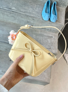 韩版蝴蝶结手提包包女2025夏新款黄色马鞍包高级感精致单肩斜挎包