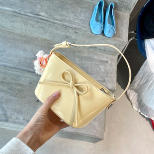 韩版蝴蝶结手提包包女2025夏新款黄色马鞍包高级感精致单肩斜挎包