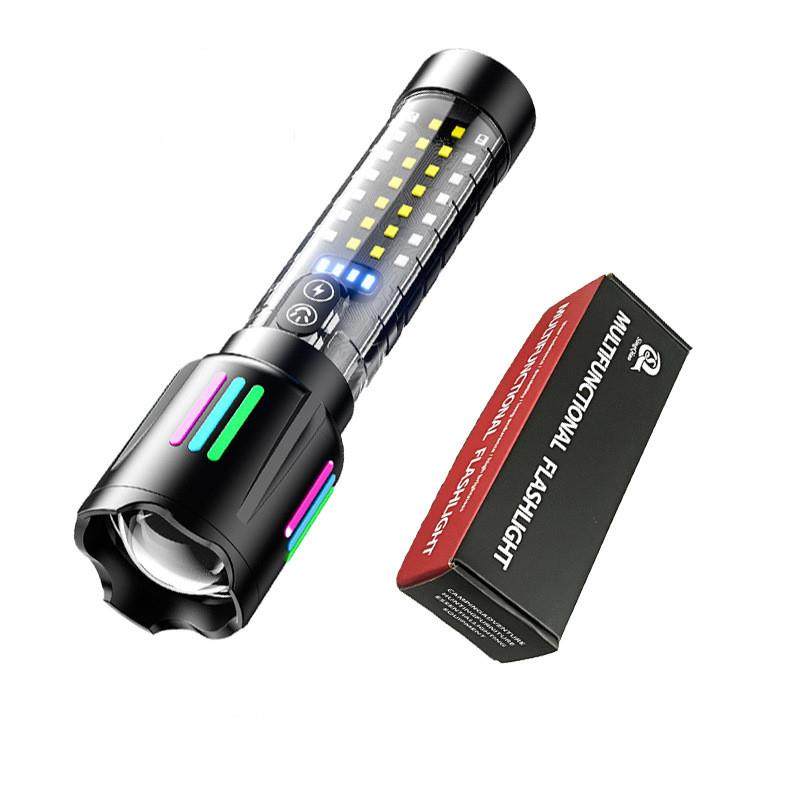 手电筒新款炫彩远射充电内置电池荧光红蓝闪户外露营应急手电筒