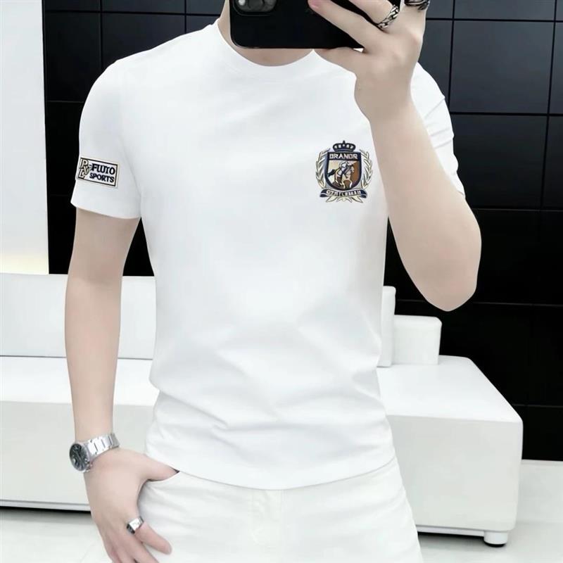 -男士新款潮牌重磅棉涤圆领短袖T恤印花休闲半袖简约修身体恤上衣