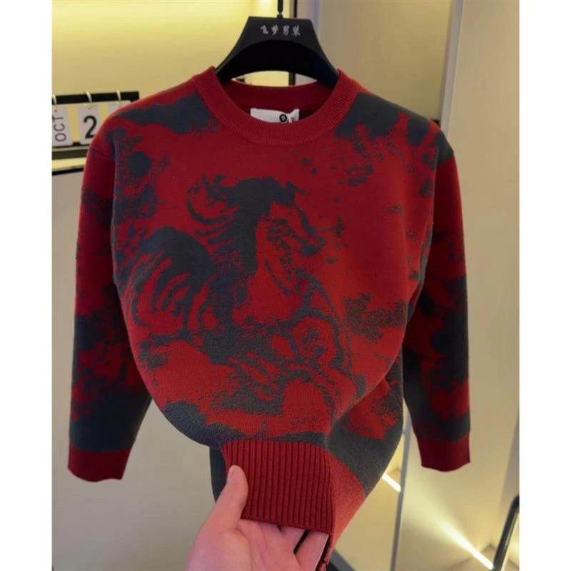 物美优高档圆领红U色马年提花针织衫毛衣男士秋冬时尚保暖打底衫