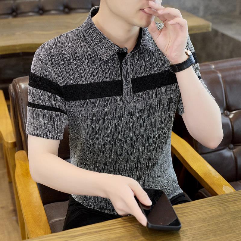 高级感冰丝针织polo衫男士夏季透气短袖撞色条纹商务休闲修身T恤