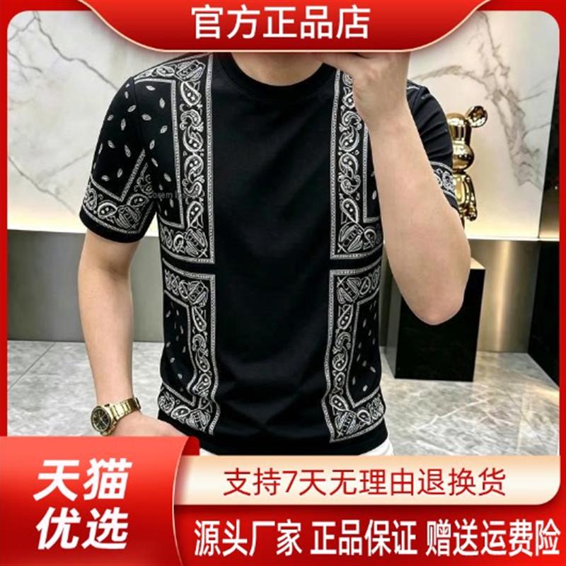 北嘉服饰欧货潮款男士复古印花时尚透气花色圆领修身短袖T恤休闲